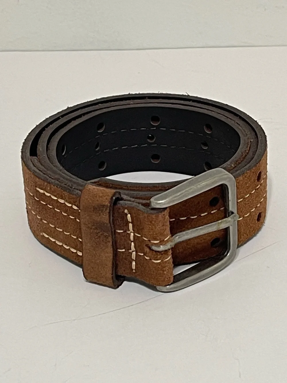 Brown Suede Leather Belt Perforated Contrast Stitching Gun Metal Buckle Youth 27